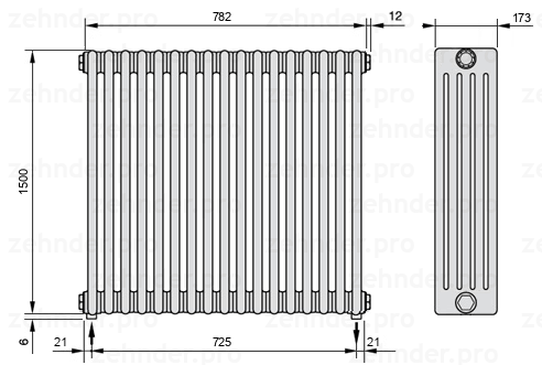 Схема (чертеж) Радиатор Zehnder Charleston 5150/17 №3570 Белый глянцевый RAL 9016
